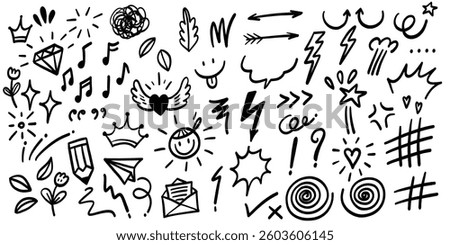 Hand-drawn doodle elements in black ink on a white background.