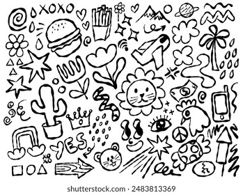 Hand-Drawn Doodle Elements: Cute and Fun Illustrations with Hearts, Stars, Animals, and Symbols for Creative Projects