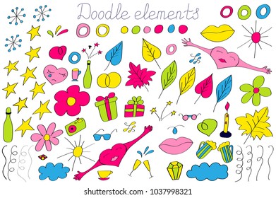 Handdrawn doodle elements. Fashion patch badges, clip art and stickers, pins, patches in cartoon 80s-90s comic style. Bright pop art colors.
