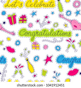 Handdrawn doodle elements in seamless pattern. Trendy digital paper for congratulations and celebrating in cartoon retro comic style. Bright pop art colors.