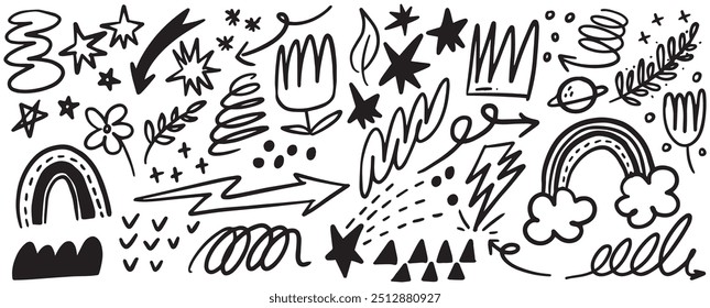 Hand-Drawn Doodle Elements with Stars, Arrows, Flowers, and Rainbow| Abstract Vector Icons for Creative Design and Artistic Projects | Sketchy Symbols Collection