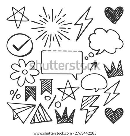 Hand-Drawn Doodle Elements. Stars, Hearts, Lightning, Speech Bubbles
