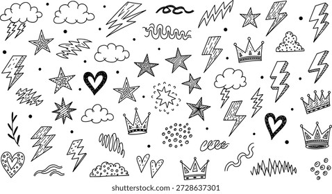 Handgezeichnete Doodle-Elemente mit Sternen, Blitzen, Wolken, Kronen, Herzen, Schnörkeln, dekorativen Symbolen, verspielter Skizze, kreativen Symbolen, skurrilen Grafiken, Schwarz-Weiß-Kunst