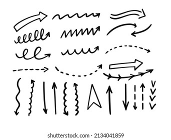 Hand-drawn doodle elements style color arrows set. Left, right, top and down signs. Vector clipart isolated on white background.