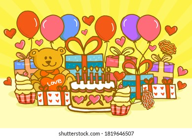 Hand-Drawn Doodle Extravaganza: Experience the whimsy of a birthday party through this hand-drawn vector illustration. Bursting with energy and vibrant details, it's an ideal choice to infuse design