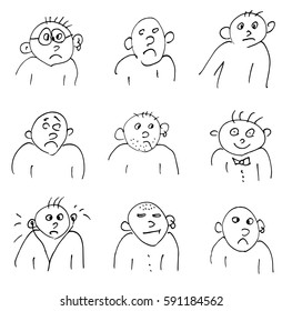 Hand-drawn doodle faces of people of different styles. Head in different facial expression. Vector set of funky various characters