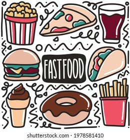 hand-drawn doodle fast food art design element illustration. Illustration of fast food set
