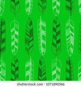 Hand-drawn doodle feathers seamless pattern. Sketch style, trendy boho chic. Tribal template