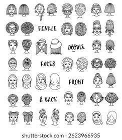 Faces femininas desenhadas à mão em preto e branco - conjunto de ilustração de vetor dianteiro e traseiro