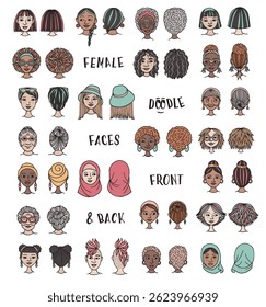 Faces femininas desenhadas à mão - Conjunto de ilustração vetorial frontal e traseira