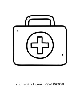 A hand-drawn doodle of the first aid help kit box isolated on a white background. Vector illustration.