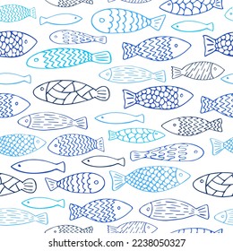 Hand-drawn doodle fishes blue seamless pattern. Sea background. Aquarium illustration.	