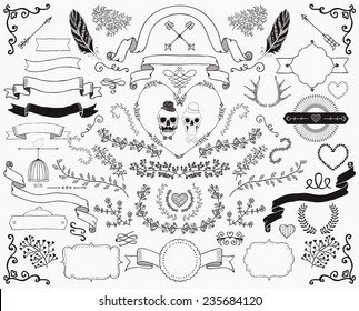 Hand-Drawn Doodle Floral Design Elements. Decorative Ribbons, Frames, Wreaths. Valentine's Day. Wedding. Vector Illustration.