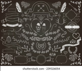 Hand-Drawn Doodle Floral Design Elements. Decorative Ribbons, Frames, Wreaths. Valentine's Day. Wedding. Chalk Drawing Vector Illustration.