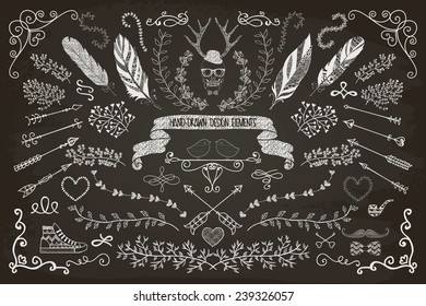 Hand-Drawn Doodle Floral Design Elements. Decorative Flourish Brackets, Wreaths, Laurels. Chalk Drawing Vector Illustration.