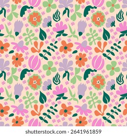 Hand-drawn doodle floral pattern with abstract petals, loose wildflowers, and playful leaves. Scattered clusters in sketchy style. Whimsical, imperfect, organic feel. Perfect for surface design