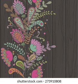 Hand-drawn doodle floral pattern, abstract leaves and flowers on black wooden texture background. Vector illustration.