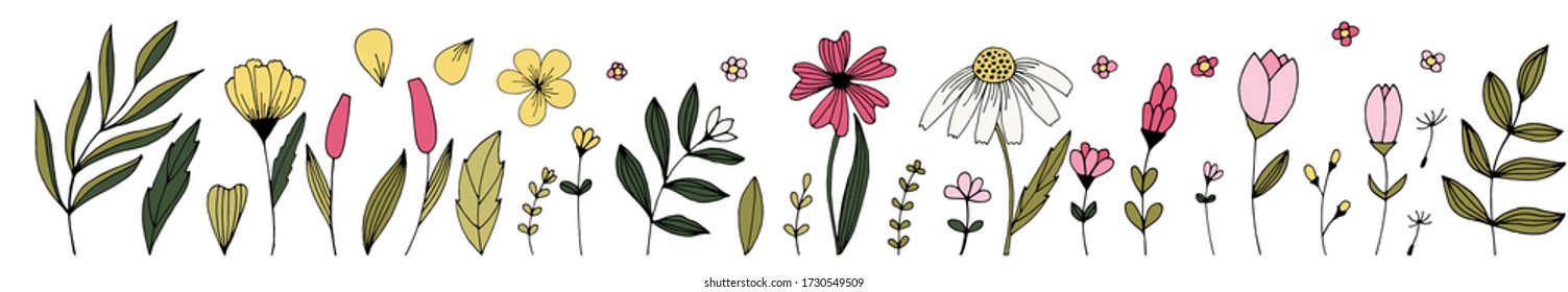 Handdrawn doodle flowers and leaves vector set. Spring summer print for fabric and paper. Stem petals branches herb in sketchy style.
