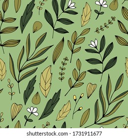 Handdrawn doodle flowers and leaves vector seamless pattern. Spring summer print for fabric and paper. Stem petals branches herb in sketchy style.
