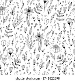 Handdrawn doodle flowers and leaves vector seamless pattern. Spring summer print for fabric and paper. Stem petals branches herb in sketchy style.
