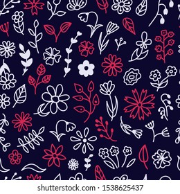 Hand-drawn doodle flowers. Seamless pattern. Illustration in ethnic style. A large set of white and red flowers on a dark background. Vector collection of floral elements.