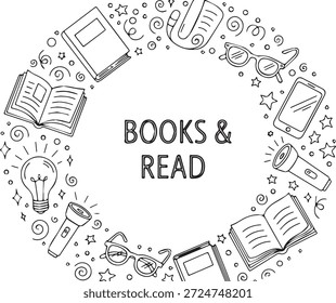 Un marco de doodle dibujado a mano con varios elementos relacionados con la lectura, como libros abiertos, anteojos, bombillas y linternas,