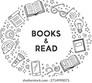 Un marco de doodle dibujado a mano con las palabras 'LIBROS LEÍDOS' en el centro, rodeado de varios objetos asociados con la lectura y el aprendizaje, como libros abiertos, gafas, una bombilla, un cuaderno.