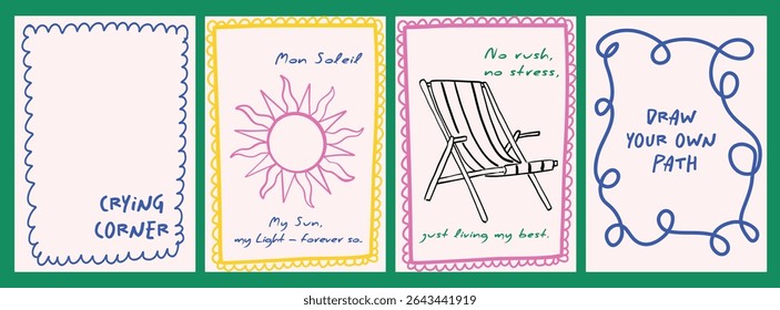 Hand-drawn doodle frames with funky hand-written style quotes and line art illustration. Scribble hand-drawn frames in vector format, ideal for fashion graphics, t-shirt prints, posters, and cards.