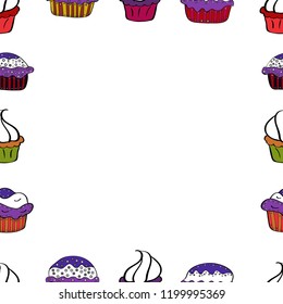Hand-drawn doodle frames. Picture in white, violet and black colors. Seamless. Sketch icons for invitation, flyer, poster. Vector.