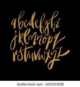 Handdrawn doodle golden glitter color alphabet. Handwritten calligraphy vector font. Glowing vector letters in scandinavian style. Isolated