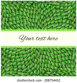 Hand-drawn doodle green leaves background with empty frame for text.