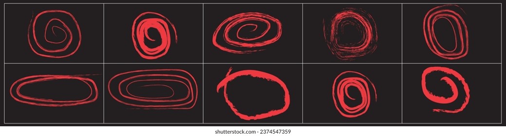Handdrawn doodle grunge circle highlights. Charcoal pen round ovals. Marker scratch scribble inrounder. Round scrawl frames. Vector illustration of freehand painted circular note