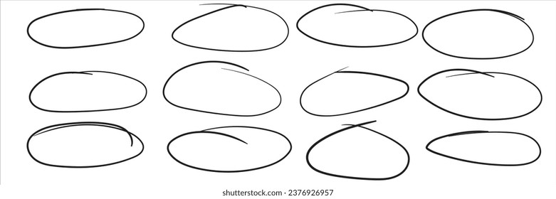 Handdrawn doodle grunge circle highlights. Charcoal pen round ovals. Marker scratch scribble inrounder. Round scrawl frames. Vector illustration of freehand painted circular note