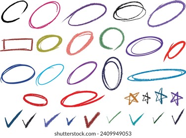 Handdrawn doodle grunge circle highlights. Charcoal pen round ovals. Marker scratch scribble inrounder. Round scrawl frames. Vector illustration of freehand painted circular note