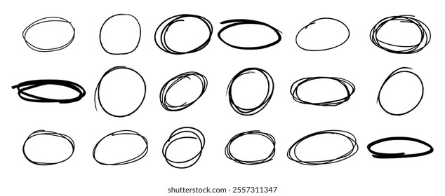 Hand-drawn doodle grunge circle highlights. Charcoal pen round ovals. Marker scratch scribble inrounder. Round scrawl frames. Vector illustration of freehand painted circular note