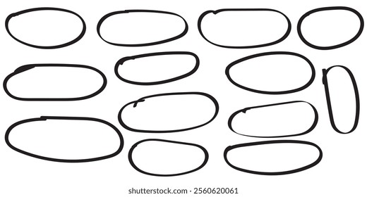 Handdrawn doodle grunge circle highlights. Charcoal pen round ovals. Marker scratch scribble inrounder.
