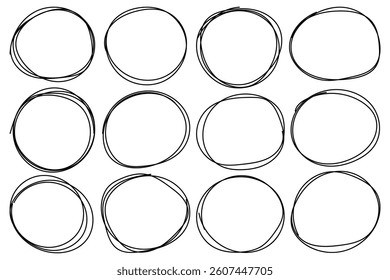 Handdrawn doodle grunge circle highlights. Rounds scribble line circles. Highlight circle frames. Scribble ovals, bubbles to circle and highlight text. Vector illustrations.