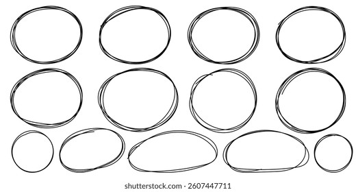Handdrawn doodle grunge circle highlights. Rounds scribble line circles. Highlight circle frames. Scribble ovals, bubbles to circle and highlight text. Vector illustrations.