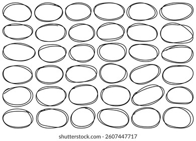 Handdrawn doodle grunge circle highlights. Rounds scribble line circles. Highlight circle frames. Scribble ovals, bubbles to circle and highlight text. Vector illustrations.