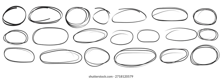 Realces de círculo grunge de rabiscar desenhado à mão. Ovais redondos de caneta a carvão. Marcador rascunho rabiscar em baixo. Quadros de rastreamento redondos. Ilustração vetorial de nota circular pintada à mão livre