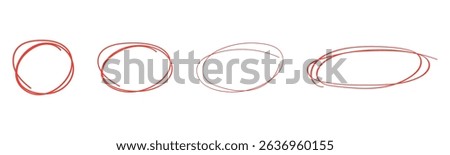 Handdrawn doodle grunge circle highlights. Charcoal pen round ovals. Marker scratch scribble inrounder. Round scrawl frames. Vector illustration of freehand painted circular note.red pen drawn marks