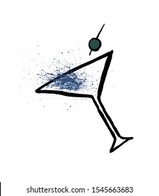 Hand-drawn doodle grunge  cosmopolitan alcohol cocktail illustration with watercolor splashes, vector image.