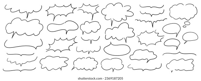 Handdrawn doodle grunge speech bubbles and dialogue emphasis. Charcoal pen line chat ballons. Round scrawl cloud frames. Vector illustration of freehand Fukidashi icons.