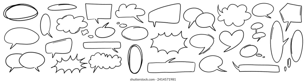 Handdrawn doodle grunge speech bubbles and dialogue emphasis. Charcoal pen line chat ballons. Round scrawl cloud frames. Vector illustration of freehand Fukidashi icons.