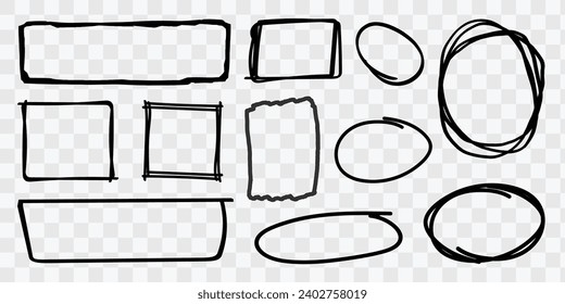 Handdrawn doodle grunge square and circle highlights Collection, Marker scratch scribble scrawl frames, Charcoal pen round ovals Vector transparent