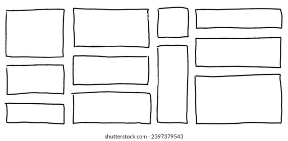 Handgezeichnete Dodle-Grunge-Quadrat-Highlights. Rechteck-Ränder des Kohlepen-Stiftes. Marker kratzt Schreib Schreibe Rahmen. Vektorgrafik von freehand gemalt Winkelnote