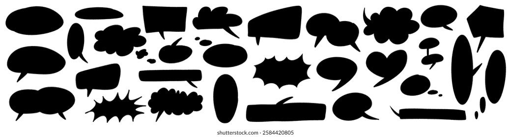 Handdrawn doodle grunge talk speech bubbles and dialogue emphasis. Charcoal pen line chat ballons. Round scrawl cloud frames. Vector illustration of freehand Fukidashi icons.