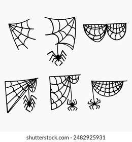 handdrawn doodle halloween cobweb and spider collection illustration