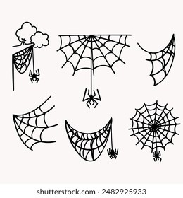 handdrawn doodle halloween cobweb and spider collection illustration