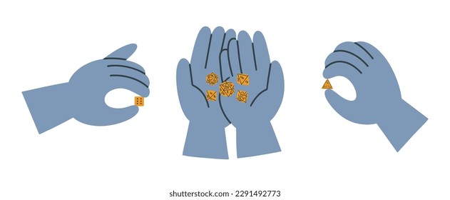 Manos de garabato dibujadas a mano con dados puestos. Ilustración simple de doodle de color vectorial